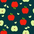 Seamless pattern: apples and halves of apples in vector flat style on a dark background. Royalty Free Stock Photo